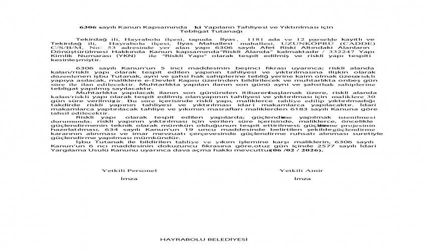 Tahliye ve Yıkıma İlişkin Tebligat Tutanağı 5